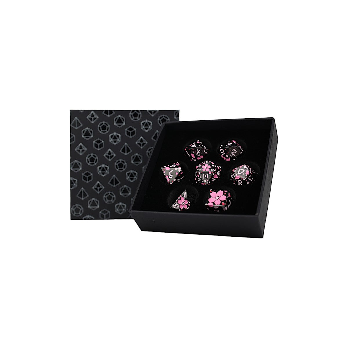 LPG Dice Metal RPG Set Inscripted Sakura Black Pink