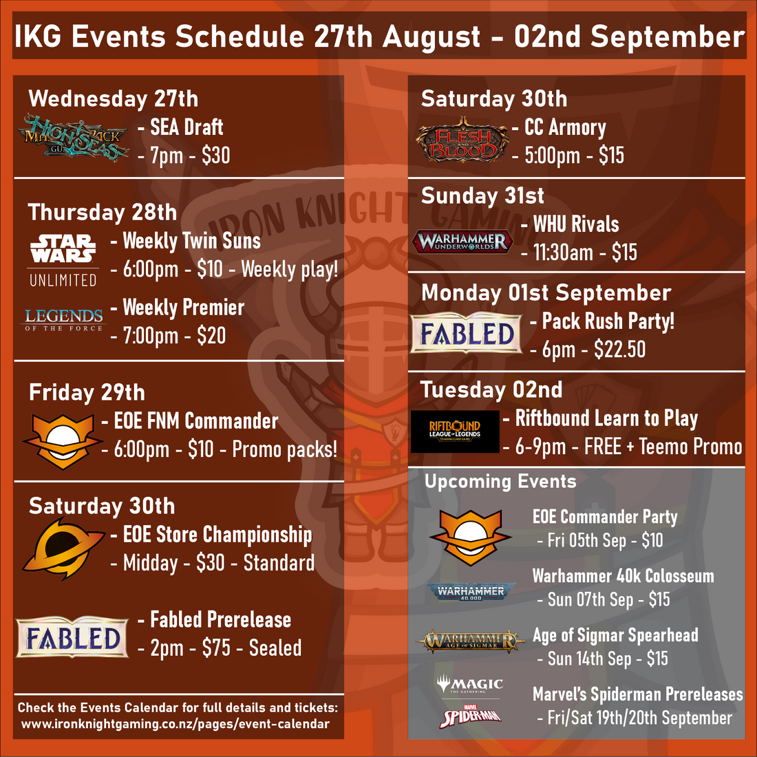 Events Schedule 27th August - 02nd September 2025