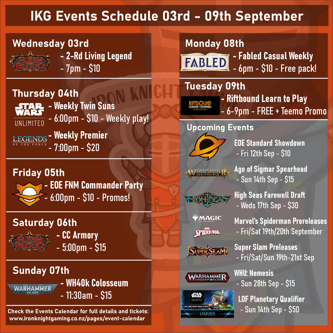 Events Schedule 03rd - 09th September 2025
