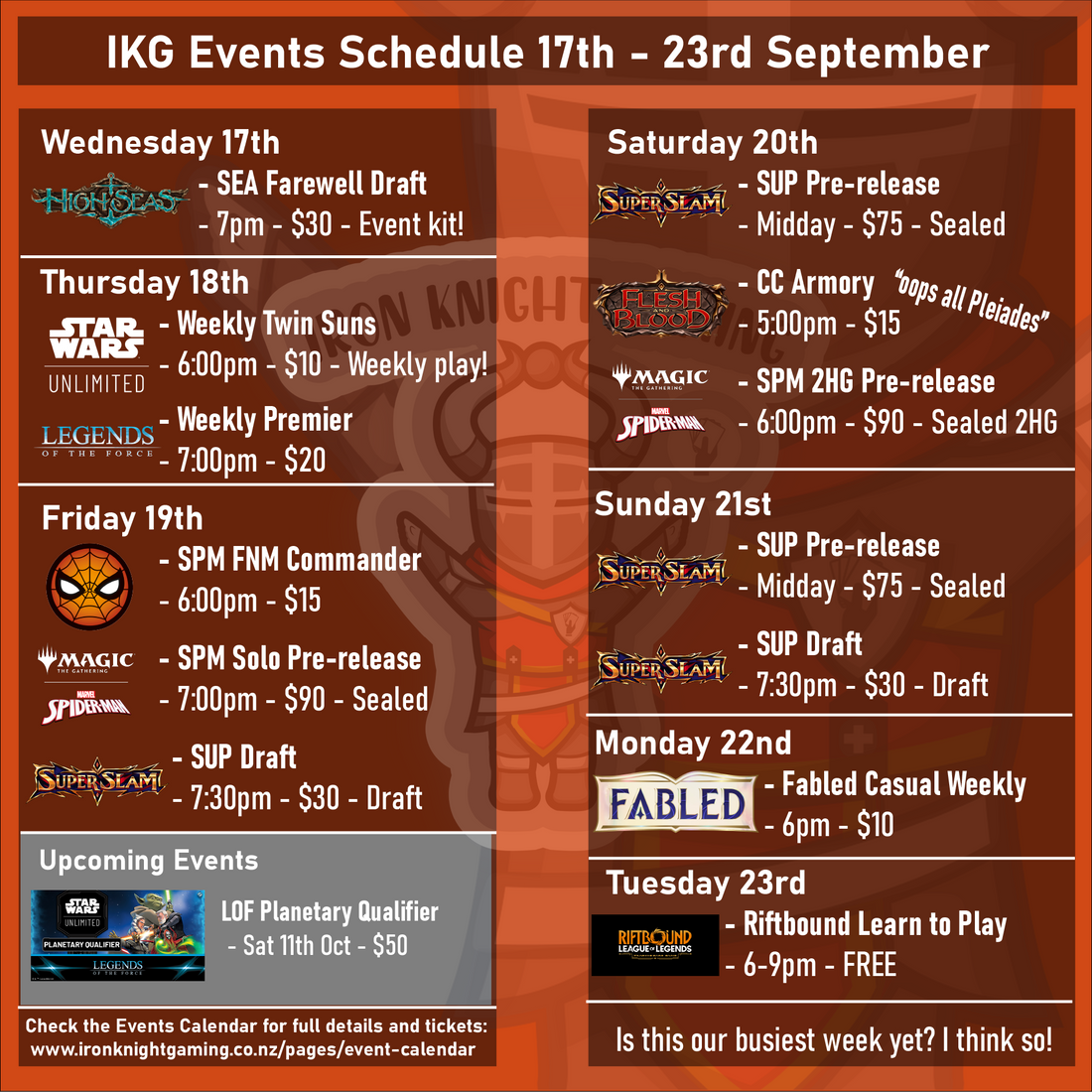 Events Schedule 17th - 23rd September 2025