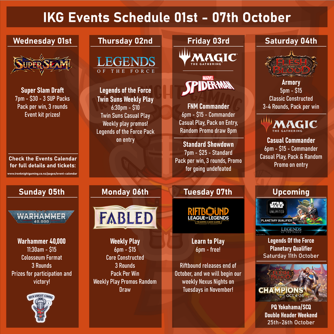 Events Schedule 01st - 07th October 2025