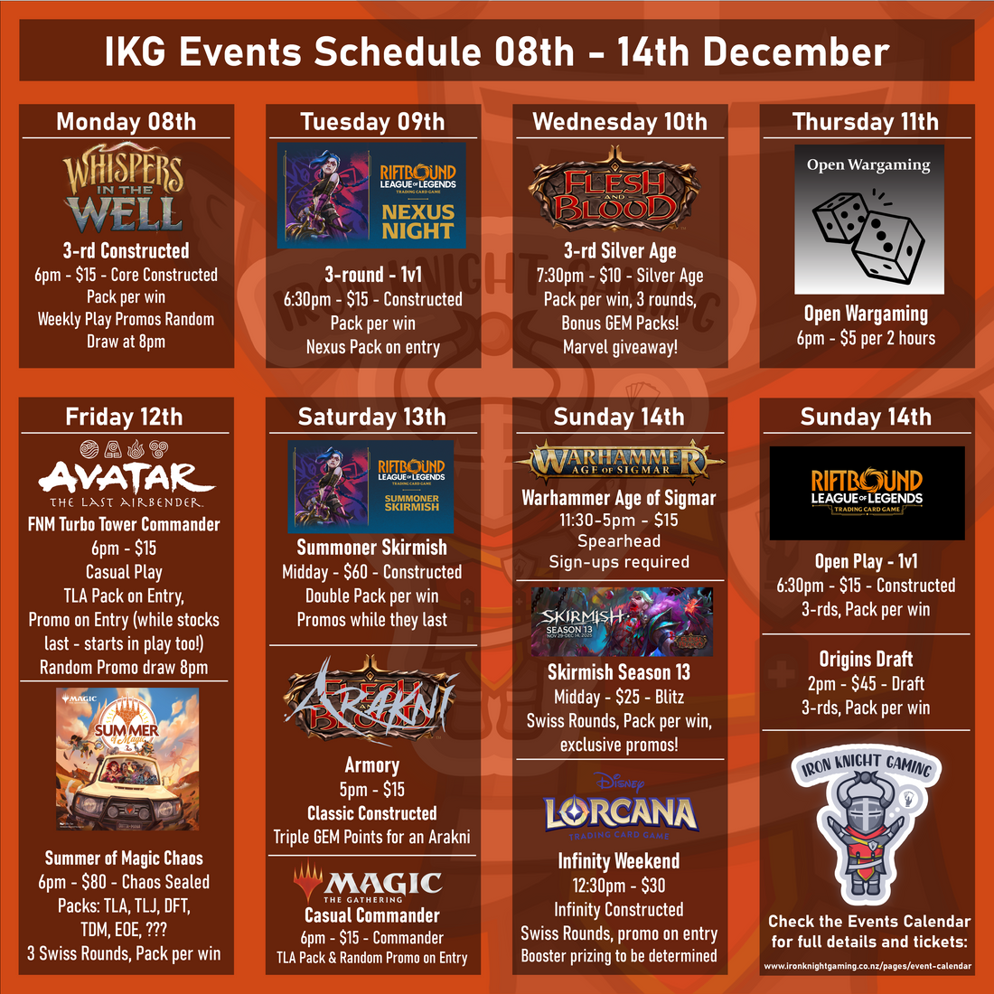 Events Schedule 08th - 14th December 2025