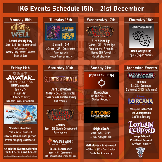 Events Schedule 15th - 21st December 2025