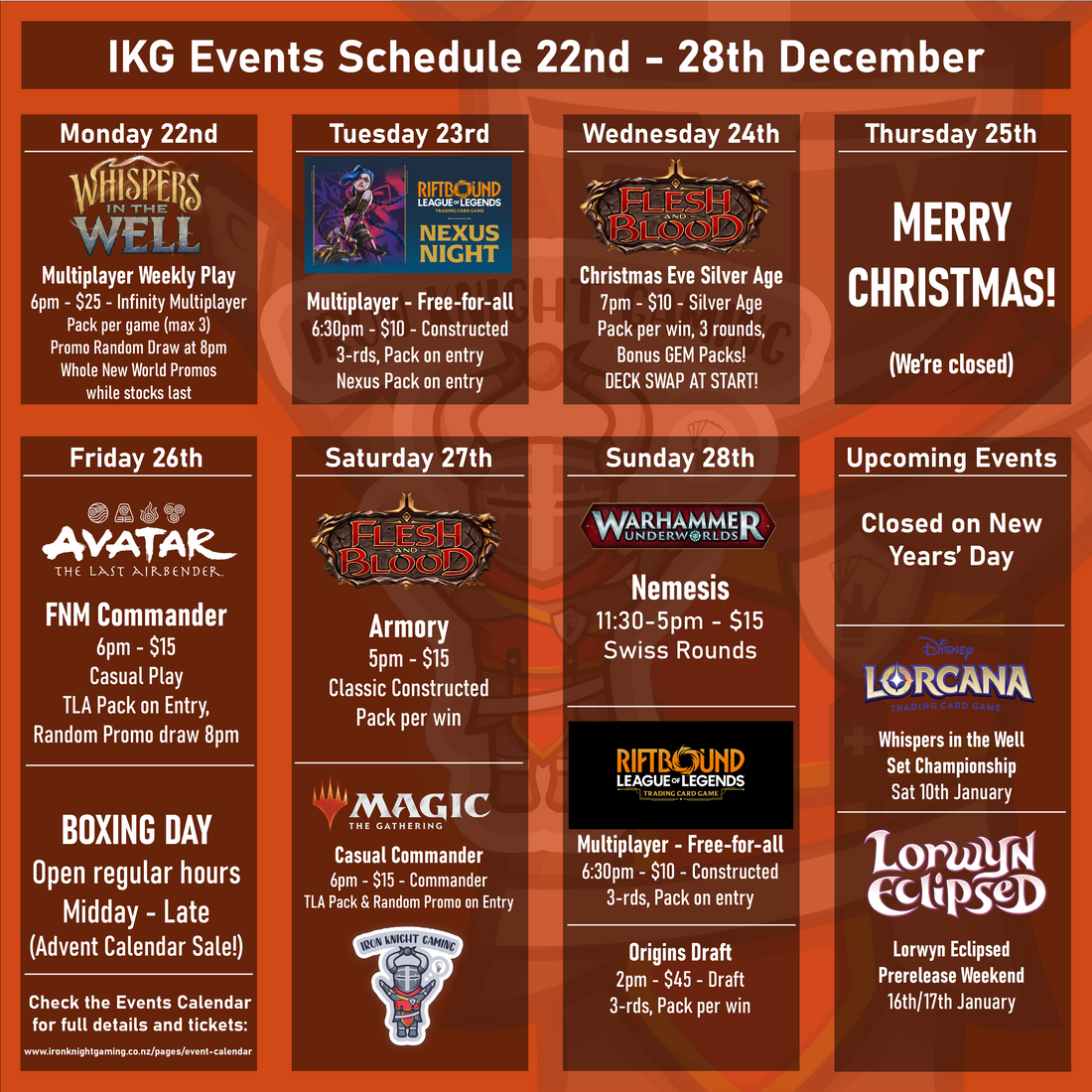 Events Schedule 22nd - 28th December 2025