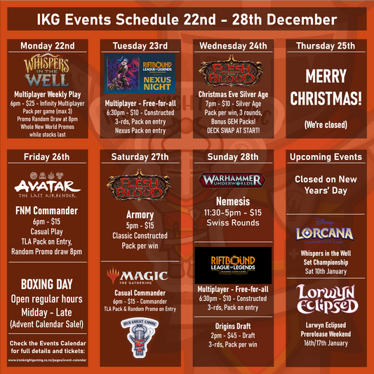 Events Schedule 22nd - 28th December 2025