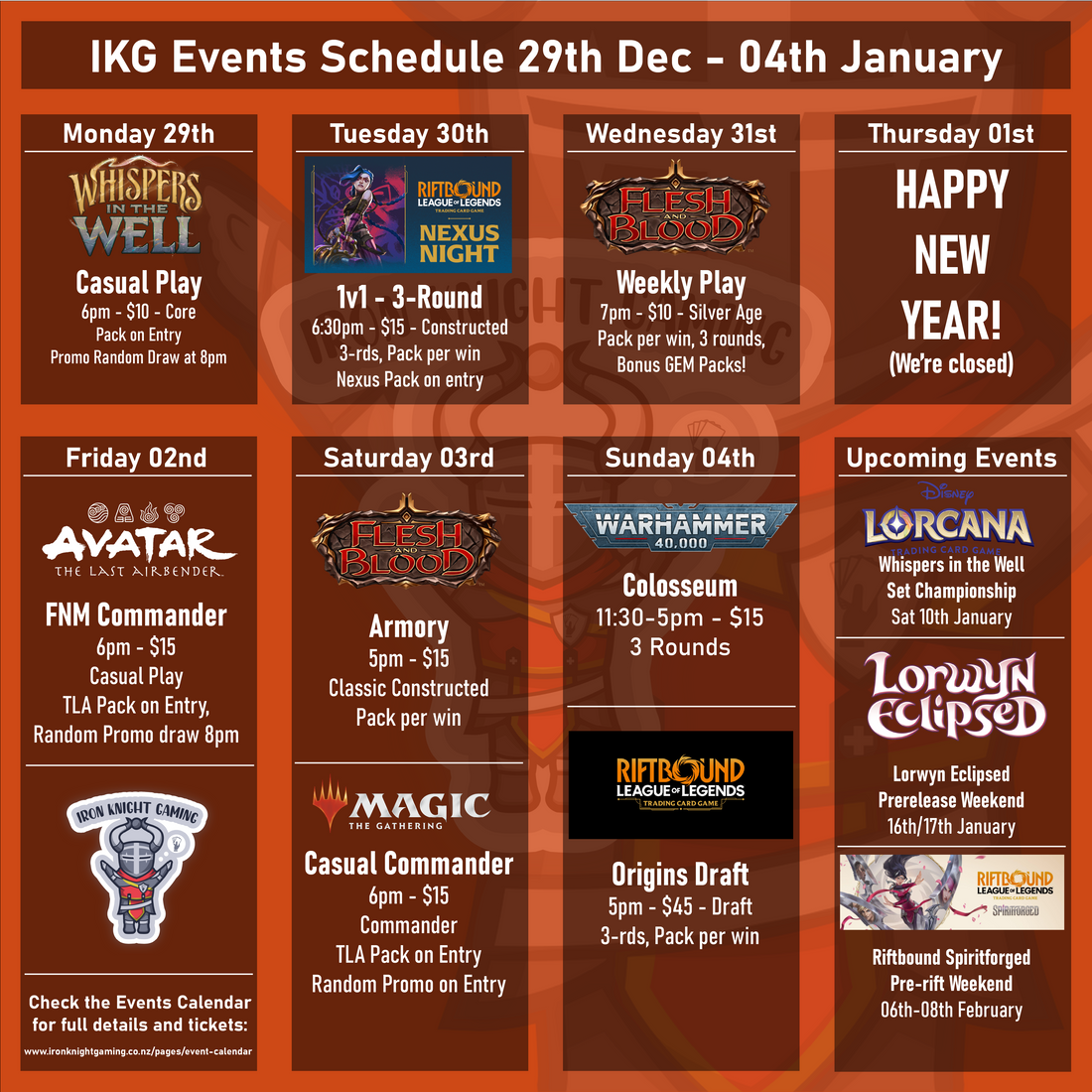 Events Schedule 29th December - 04th January 2026