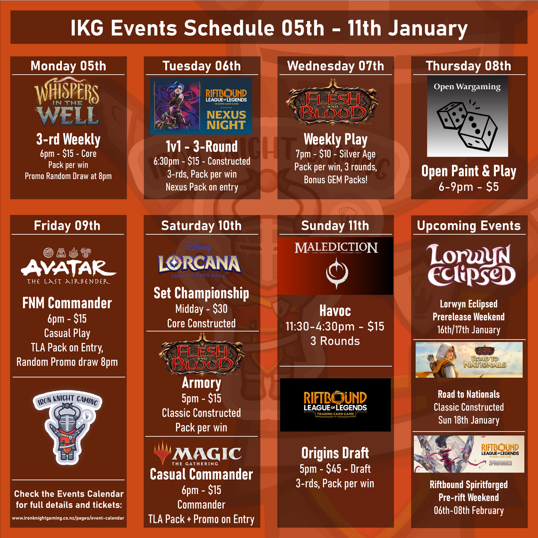 Events Schedule 05th - 11th Jan 2026