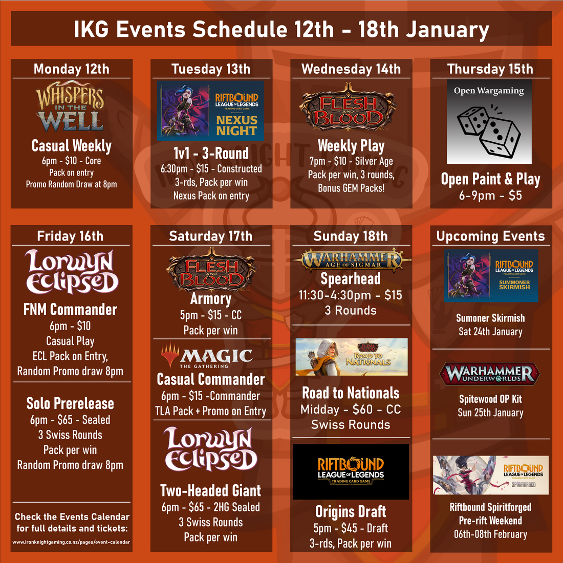 Events Schedule 12th - 18th January 2026