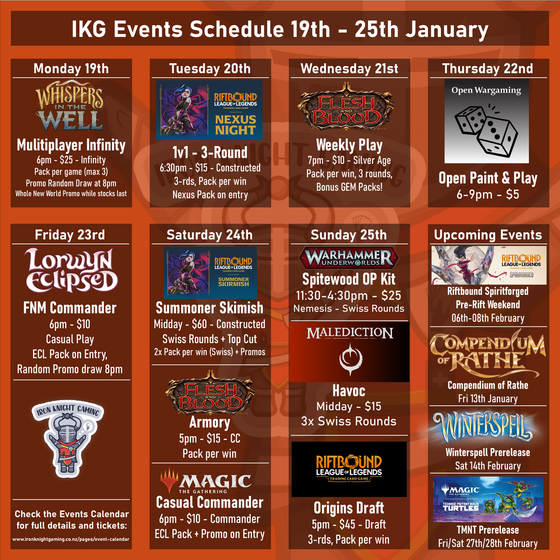 Events Schedule 19th - 25th January 2026