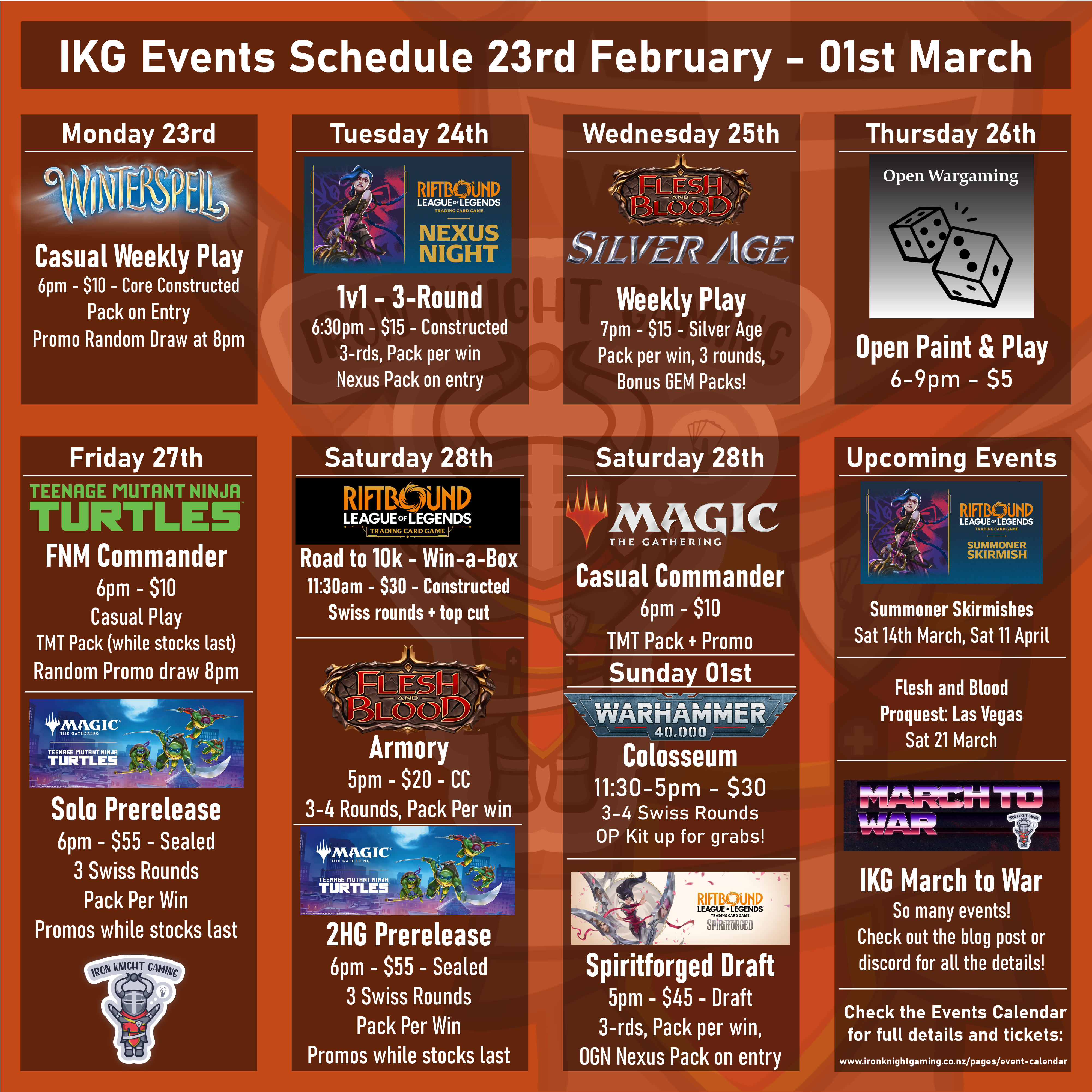 Events Schedule 23rd February - 01st March 2026 – Iron Knight Gaming