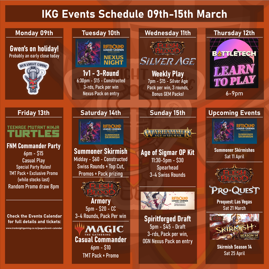 Events Schedule 09th - 15th March 2026
