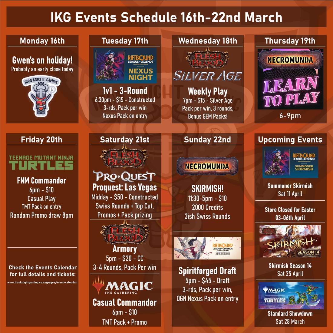Events Schedule 16th-22nd March 2026