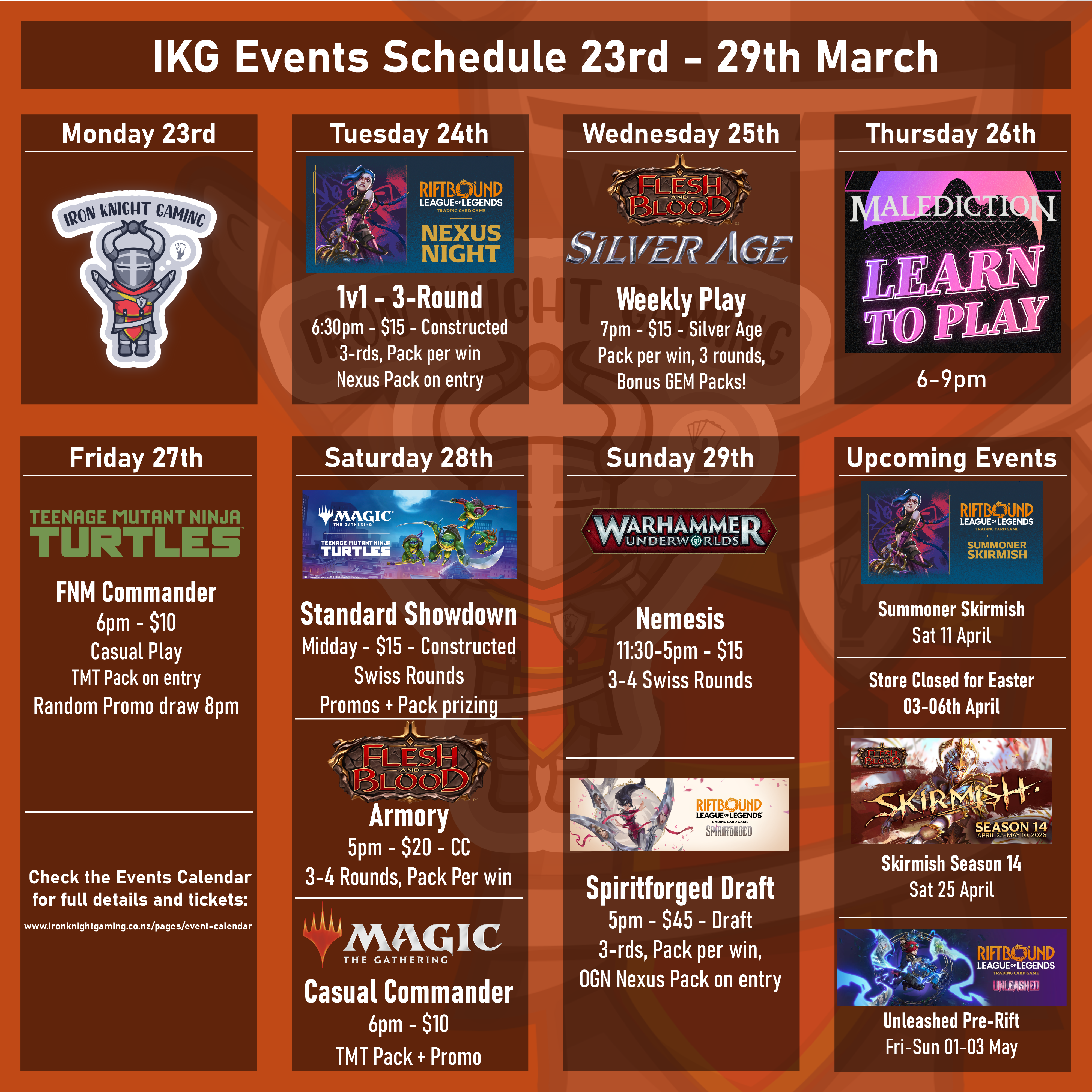 Events Schedule 23rd - 29th March 2026 – Iron Knight Gaming