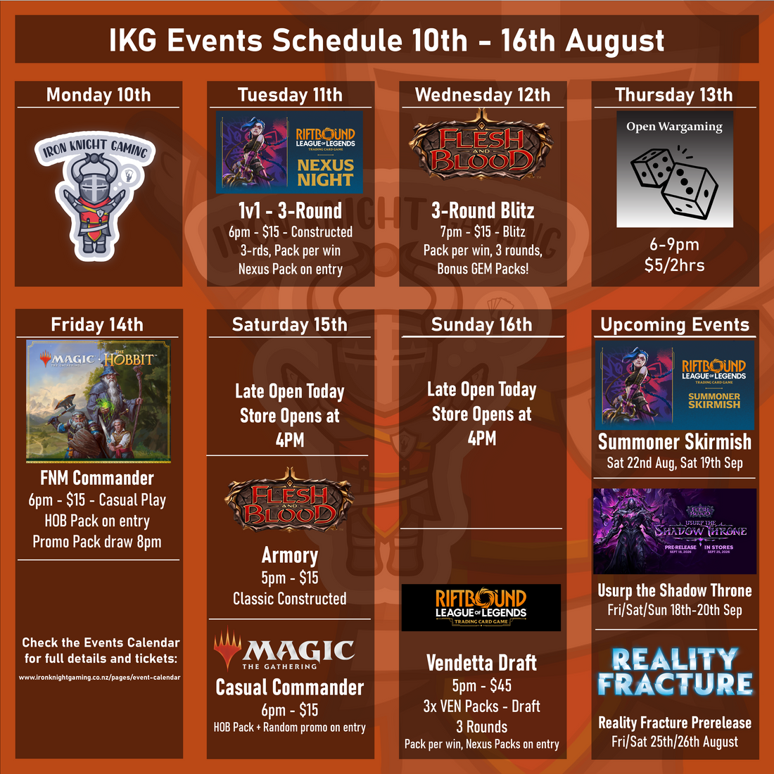 IKG Events Schedule 10th - 16th August 2026