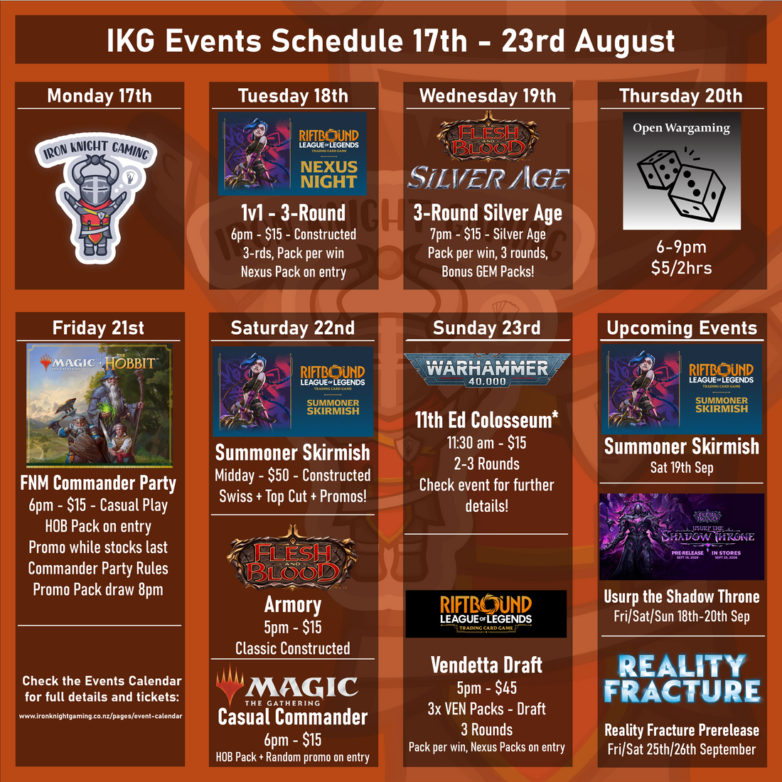 IKG Events Schedule 17th - 23rd August