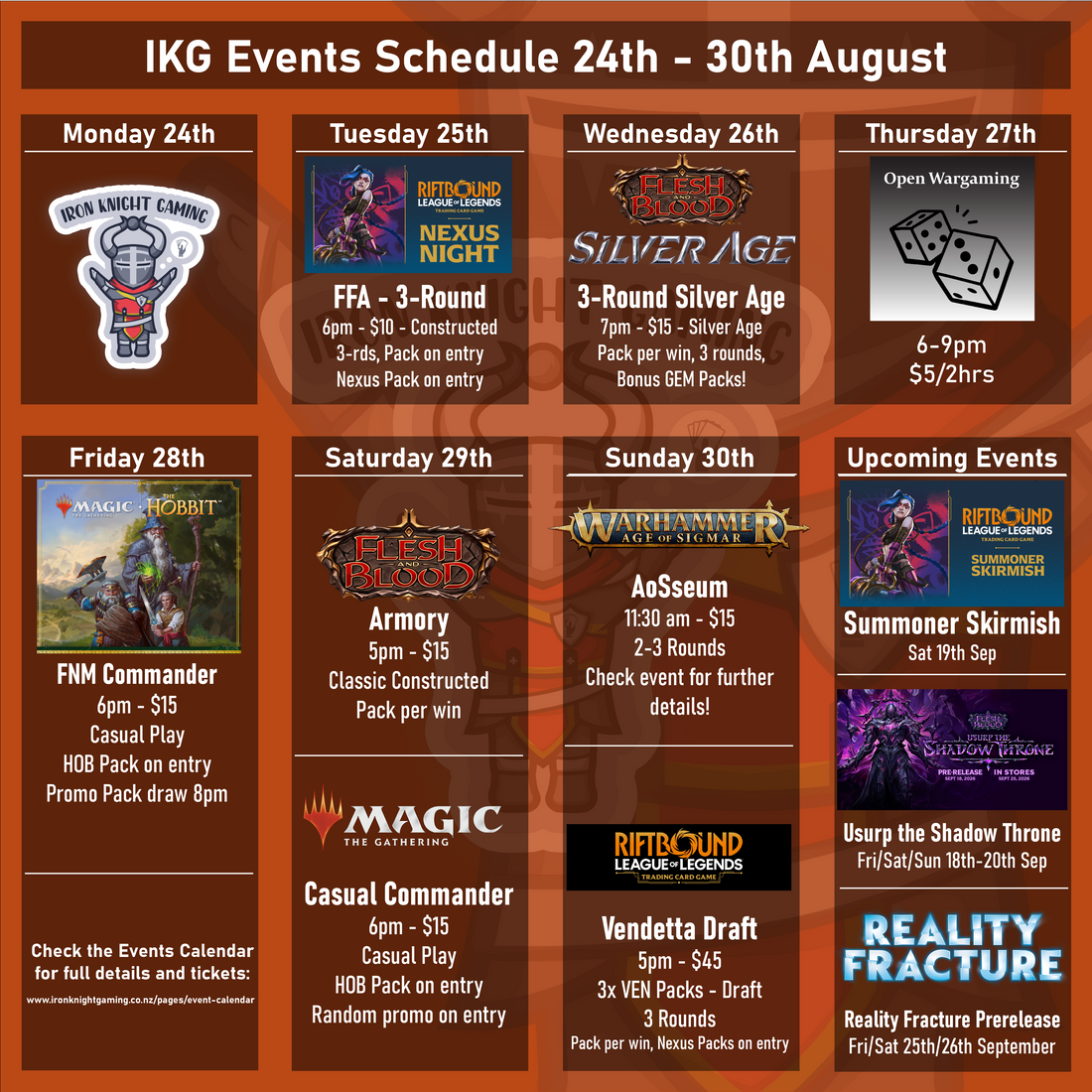 IKG Events Schedule 24th - 30th August 2026