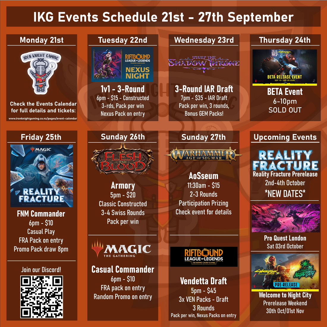 IKG Events Schedule 21st - 27th September 2026