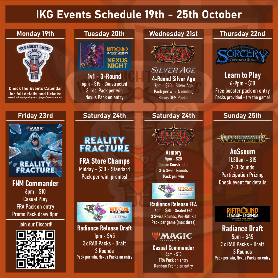 IKG Events Schedule 19th - 25th October